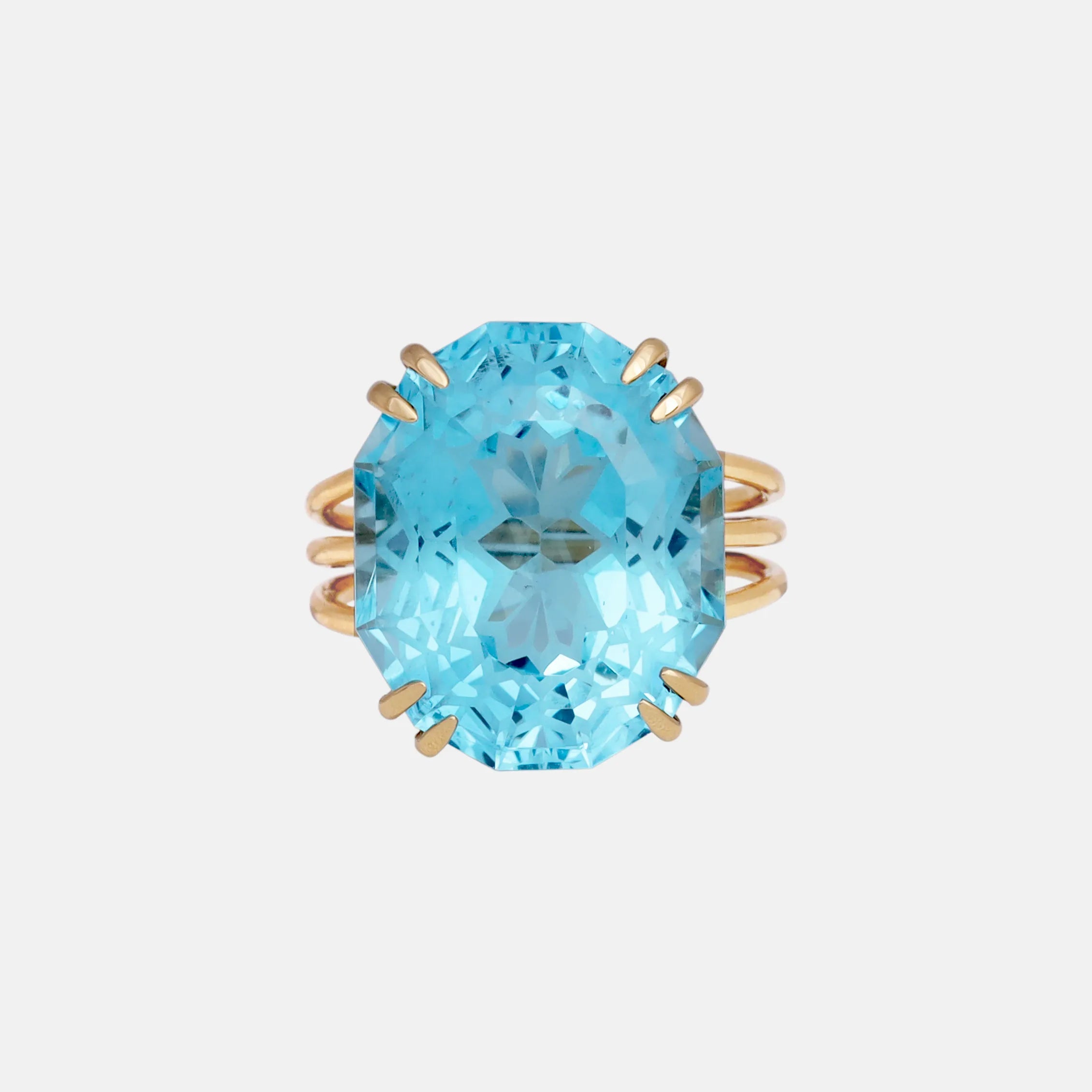22.50ct Frosted Facet Geslepen Dectagon Swiss Blue Topaas ring 14k geelgoud, Objet Dore