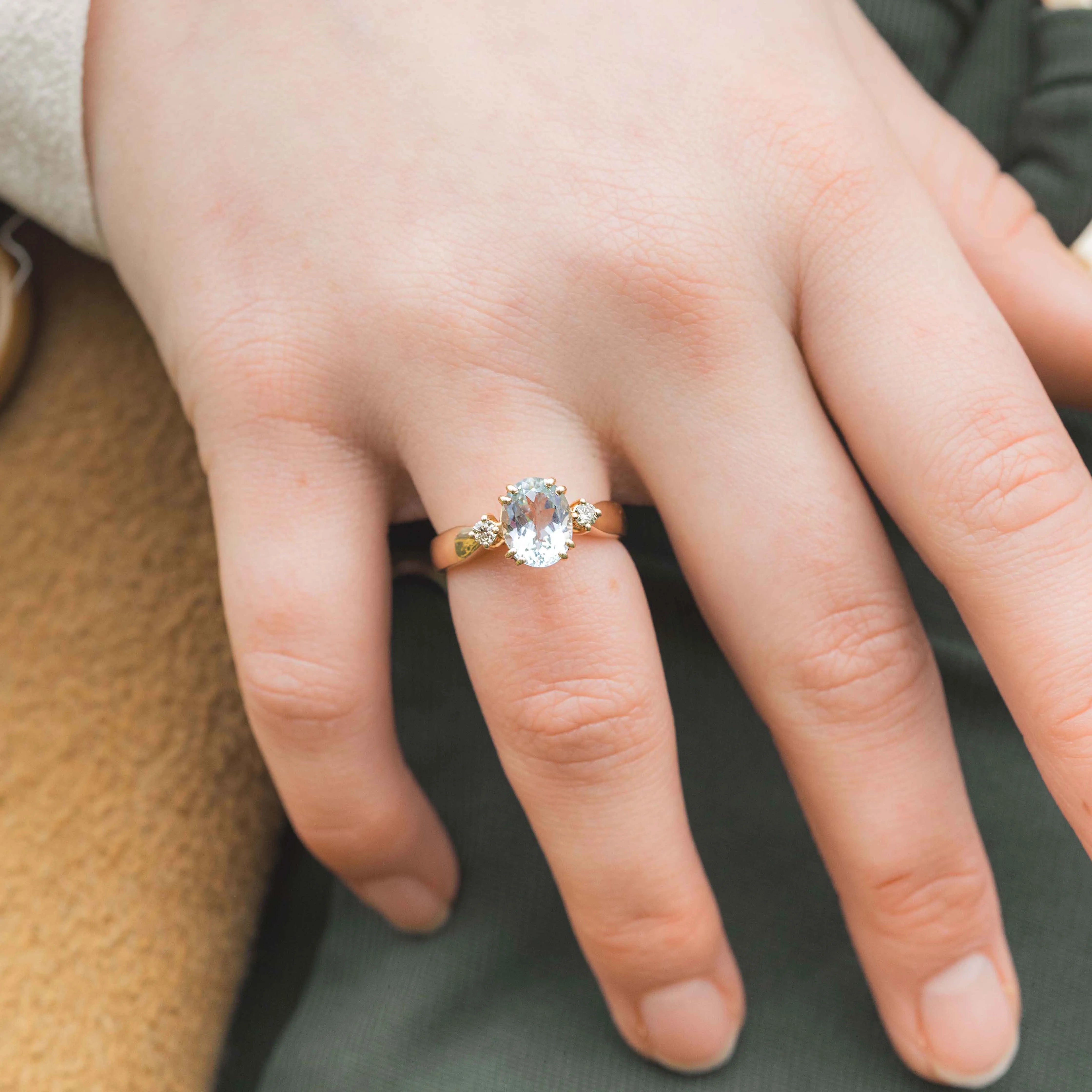 Aquamarijn & Diamant Trilogie Ring 18k, Objet Dore