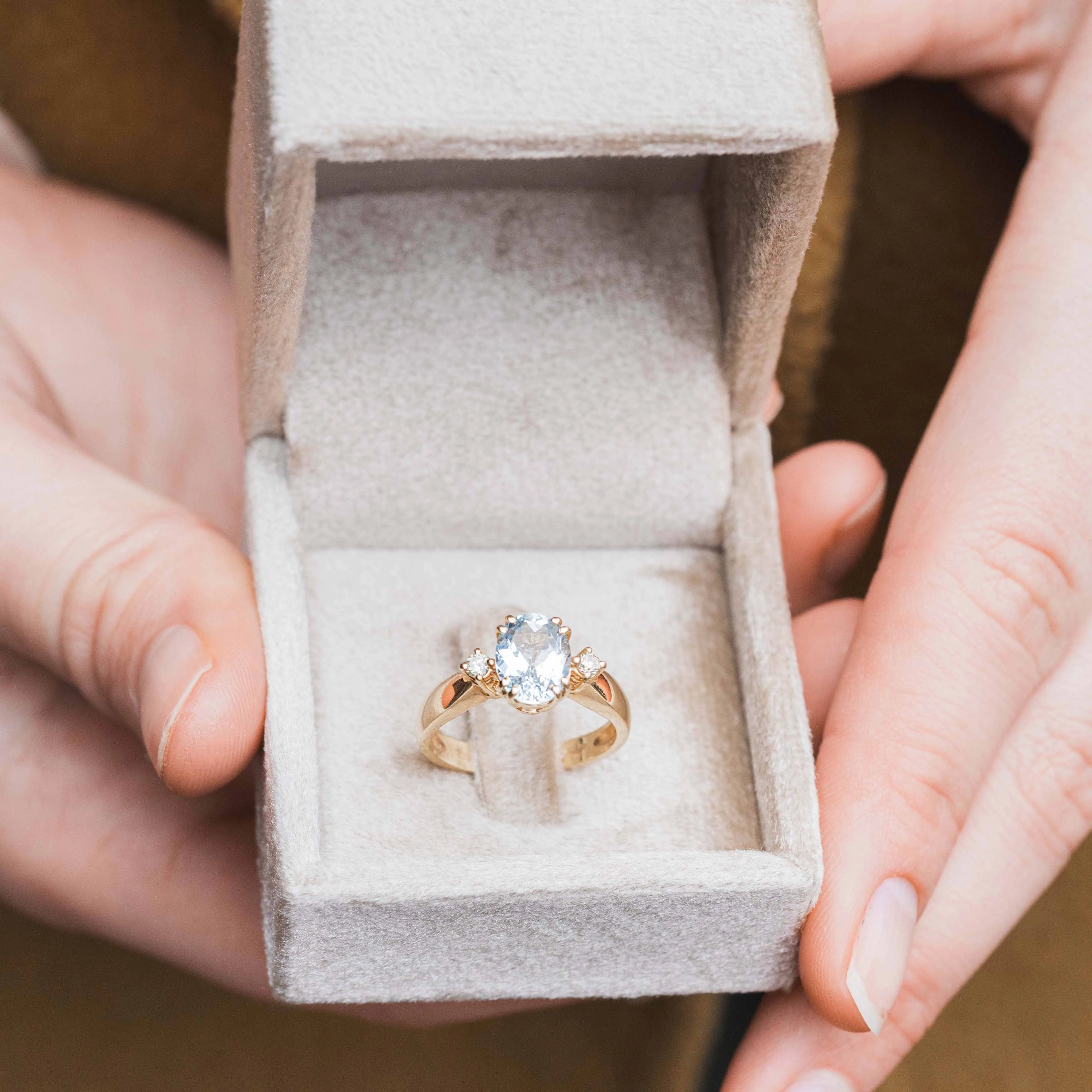 Aquamarijn & Diamant Trilogie Ring 18k, Objet Dore