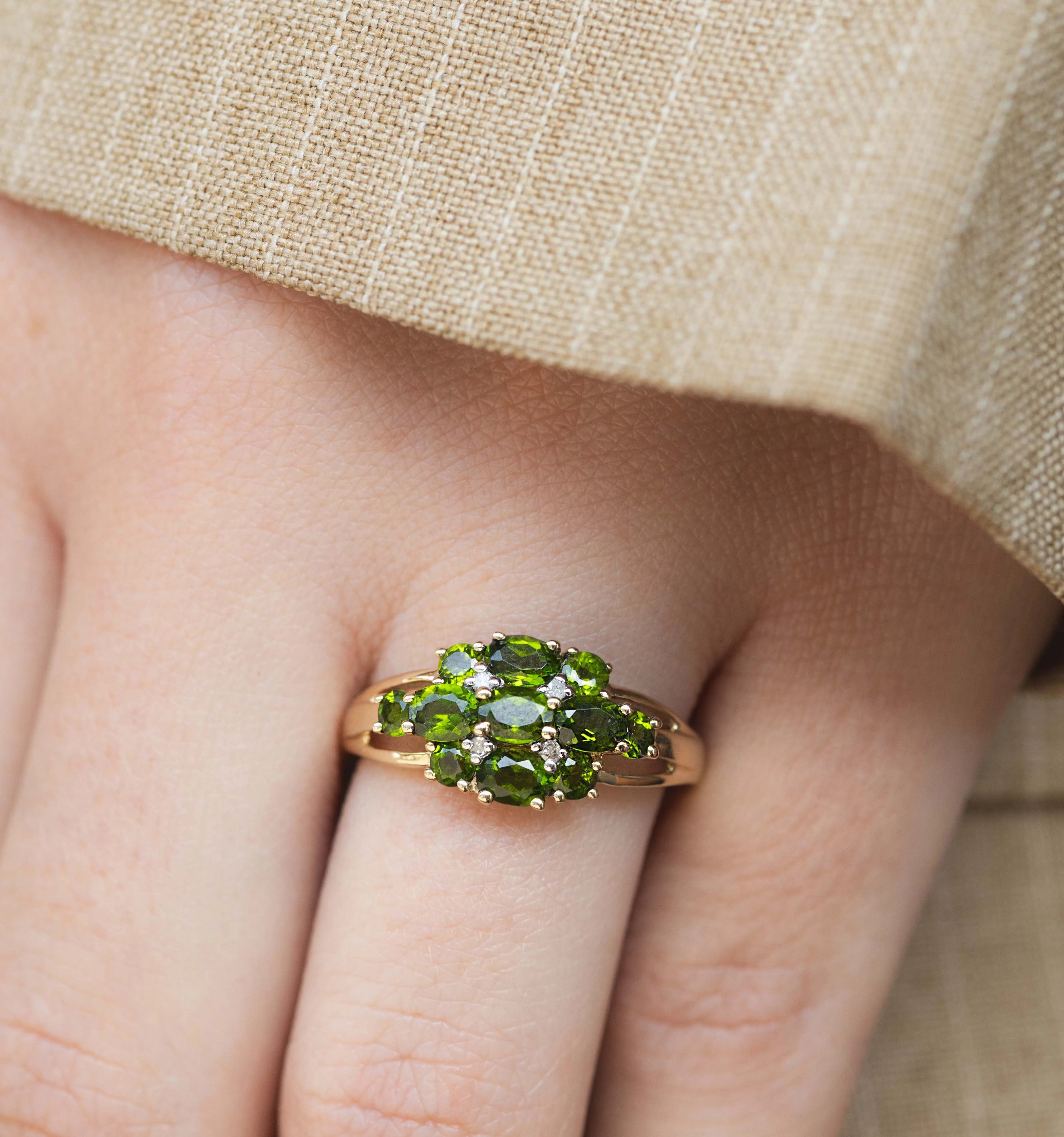 Mary - Vintage Groene (Chroom) Toermalijn & Diamant cluster 9k goud, Objet Dore, Ringen