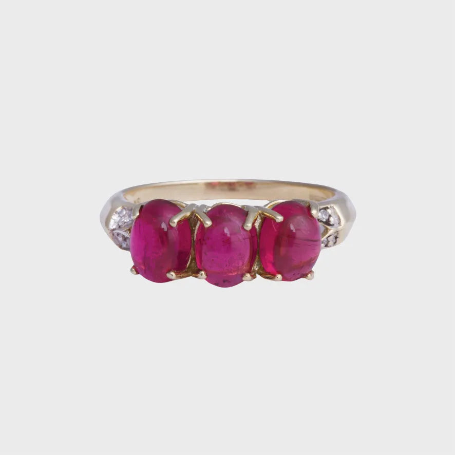 Lena - Cabochon geslepen Roze Toermalijn & Diamant Trilogie Ring 9k goud, Objet Dore