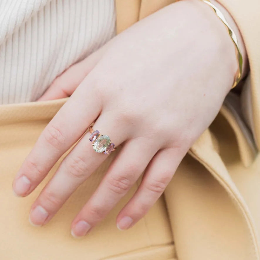 Amara - Vintage Prasioliet & Amethyst Trilogie Ring 9k goud, Objet Dore