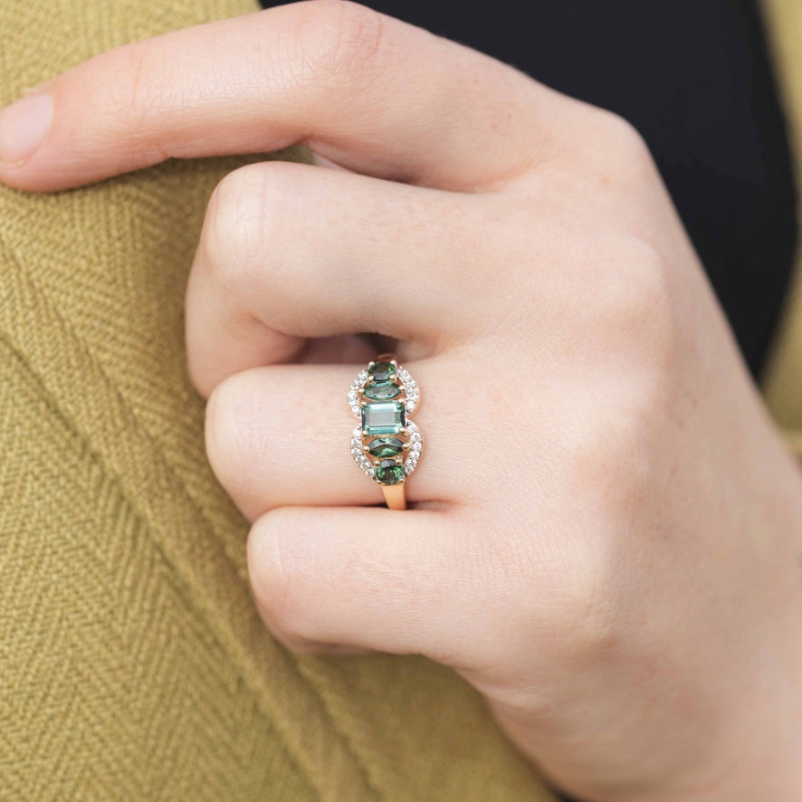 Autumn - Vintage Diamant, Groene & Indigoliet Toermalijn Ring 9k geelgoud, Objet Dore