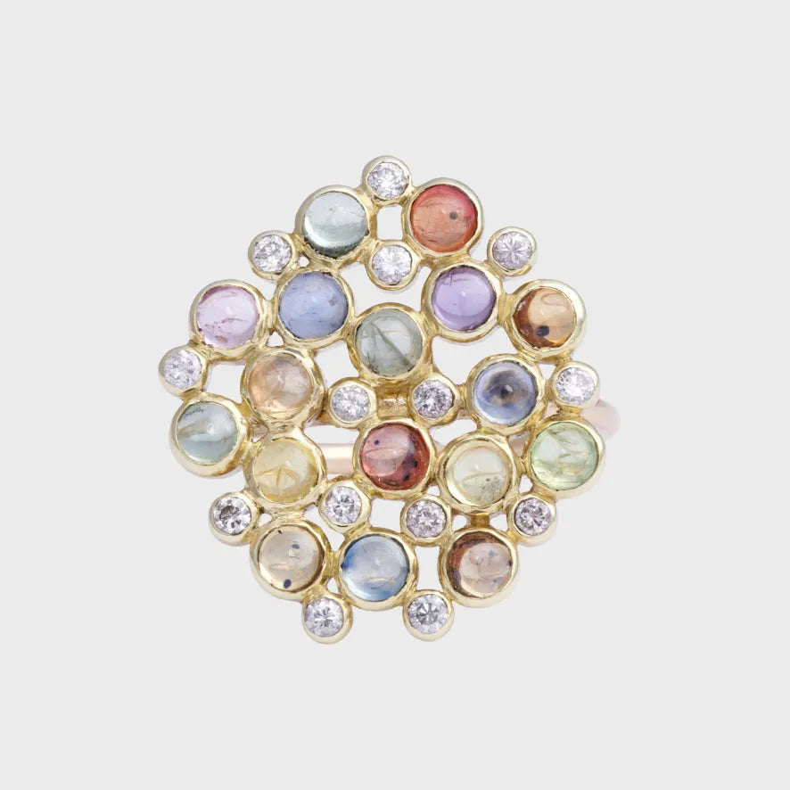 Multicolor Cabochon geslepen Saffier & Diamant Confetti Ring 14k goud, Objet Dore