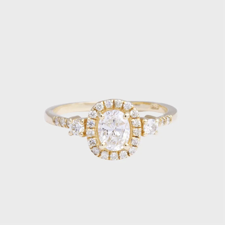 Diamant Trilogie &  Diamant Halo Ring 14k goud, Objet Dore