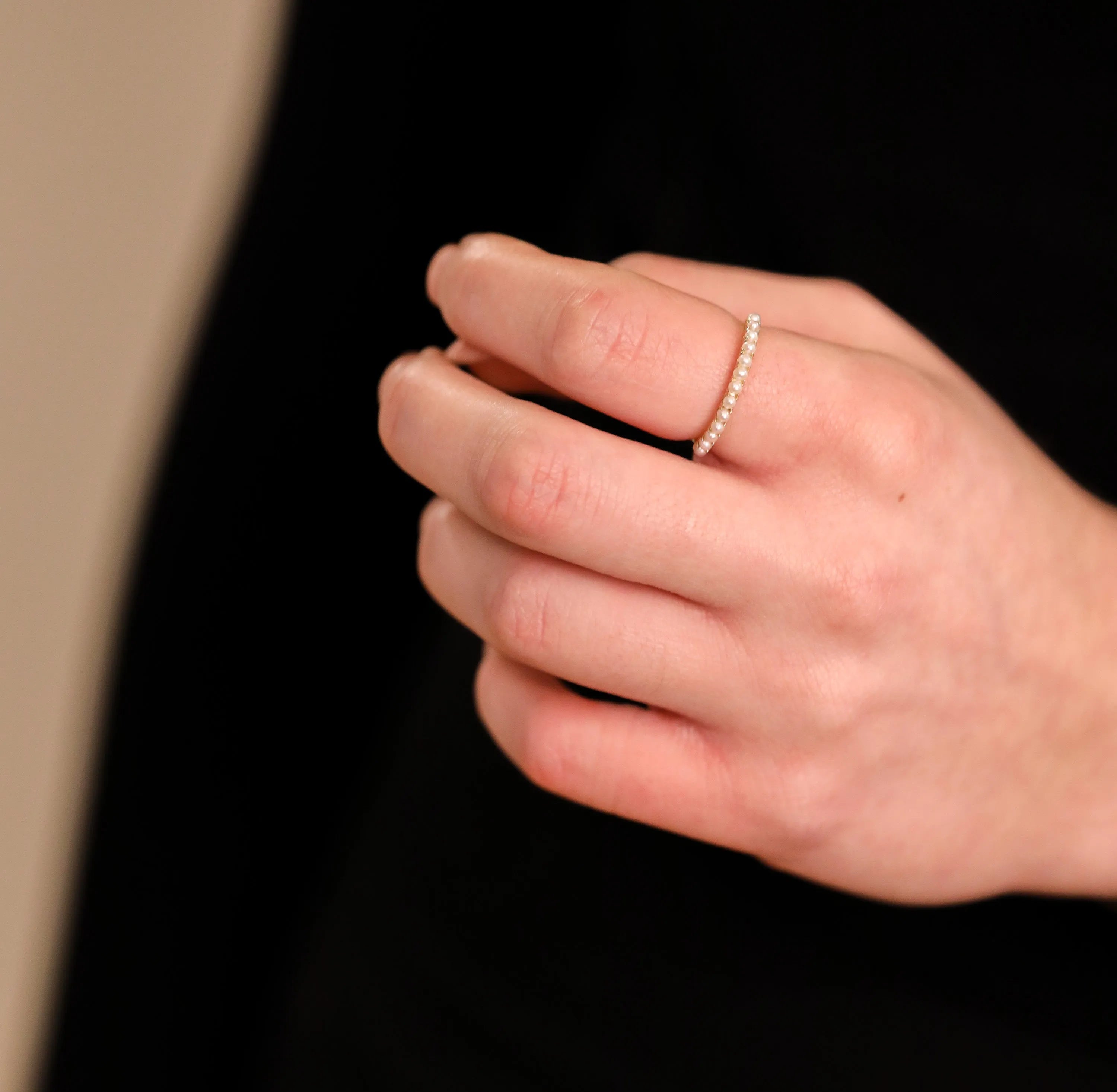 Geboortesteen Juni - Parel Alliance Pavé Ring 14 karaat goud, Objet Dore