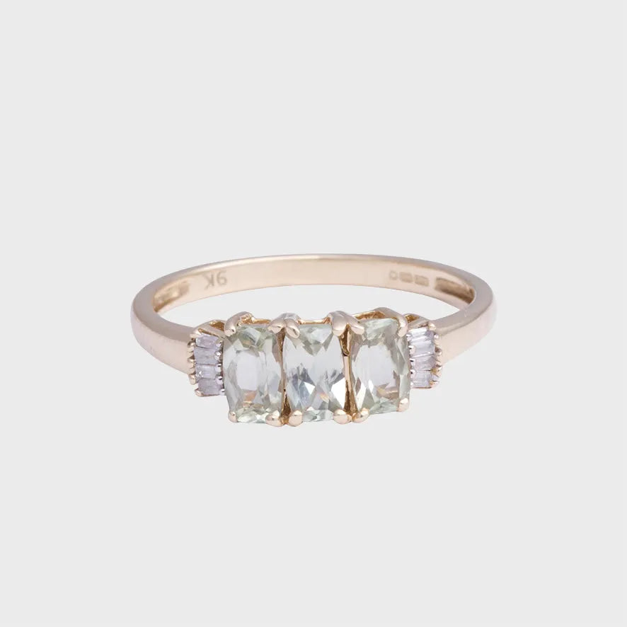 Penelope - Vintage Citroenkwarts & Baguette Diamant Trilogie Ring 9k goud, Objet Dore
