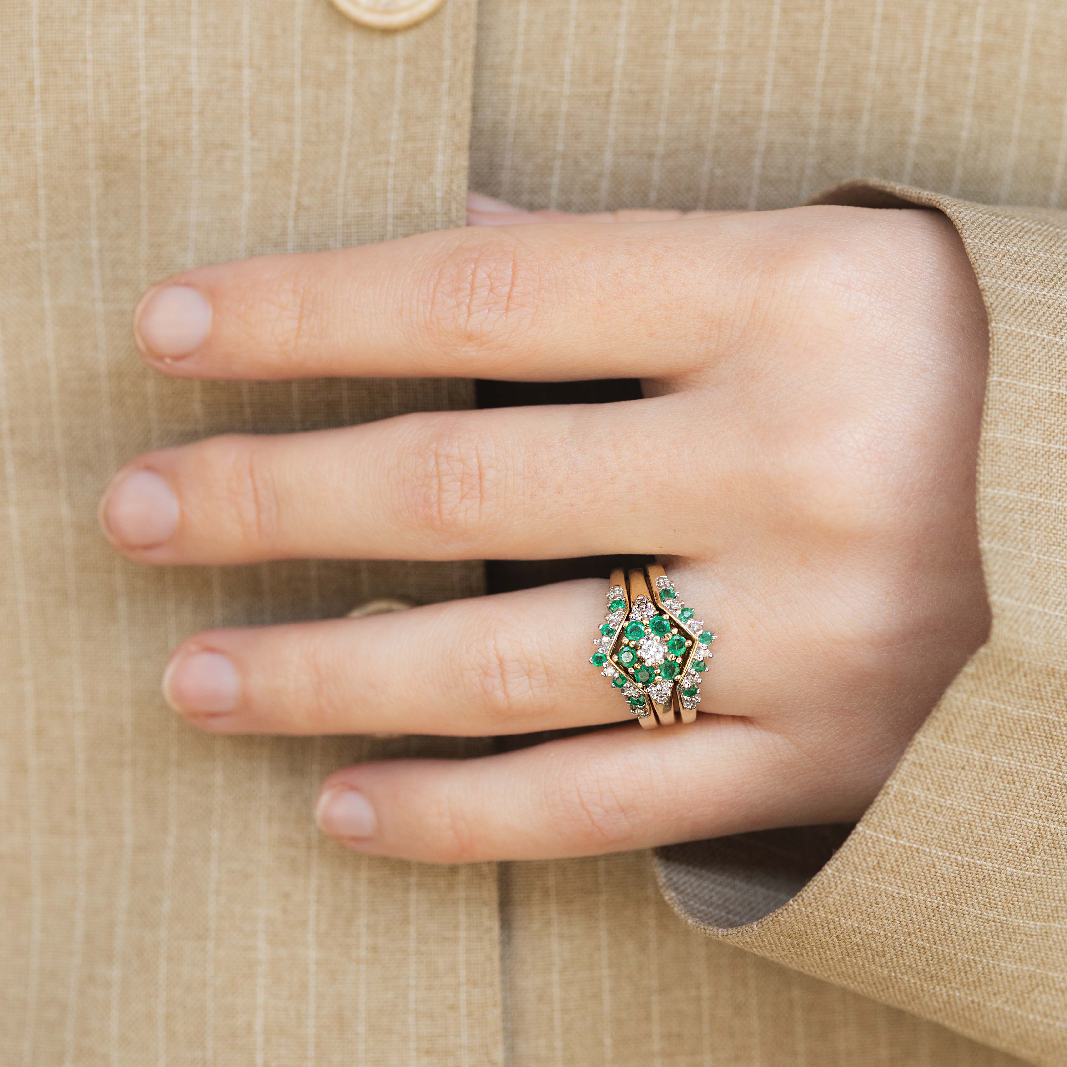 Bella - Vintage Smaragd & Diamant Floral Cluster Ring 9k goud, Objet Dore