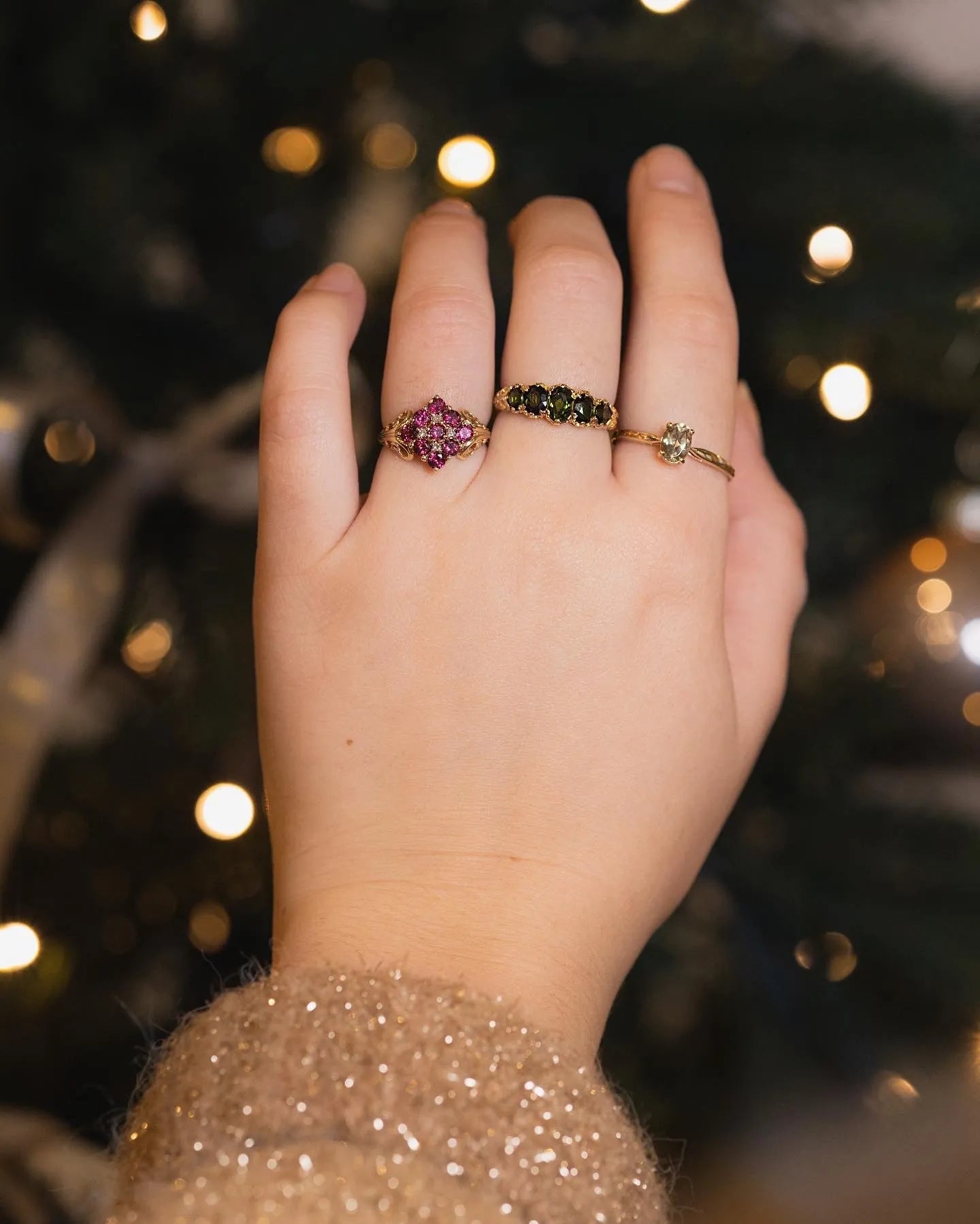 Rose - Vintage Rhodoliet Granaat & Diamant Cluster Ring 9k Geelgoud, Objet Dore