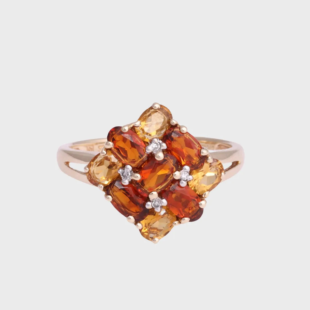 Arielle - Vintage Multicolor Citrien & Diamant Cluster Ring 9k goud, Objet Dore