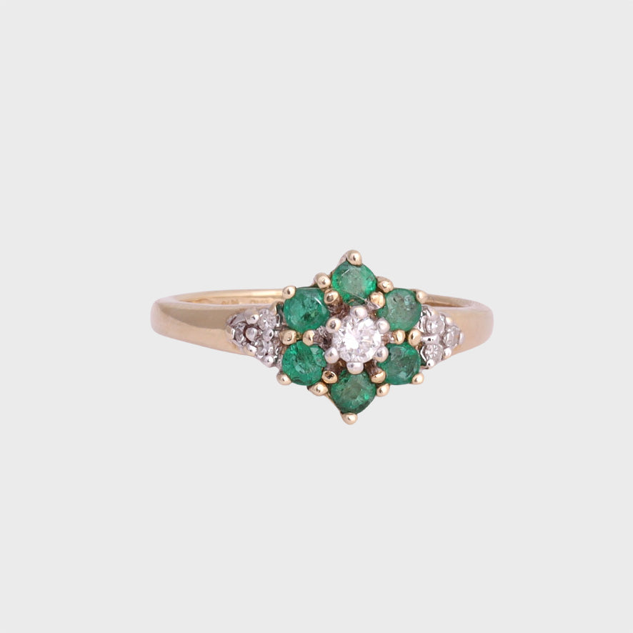Bella - Vintage Smaragd & Diamant Floral Cluster Ring 9k goud, Objet Dore