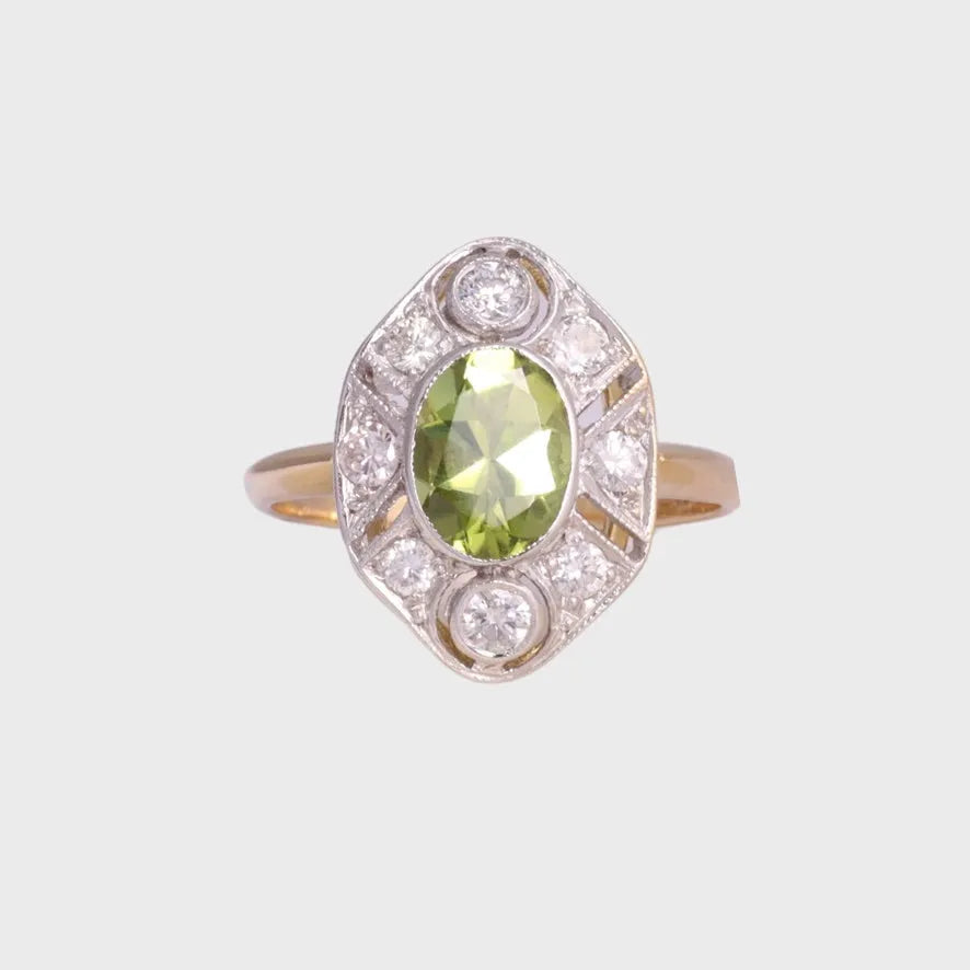 Clarence - Vintage Art Deco Peridot & Diamant Ring 18k goud & Platinum, Objet Dore