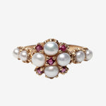 Diana – Vintage 14k Parel & Robijn cluster ring, Objet Dore