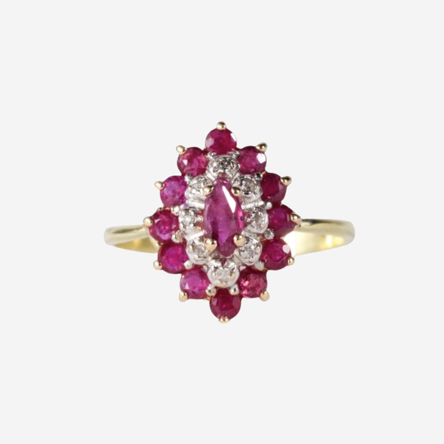 Maeve – Vintage 14k Robijn & Diamant markies ring, Objet Dore