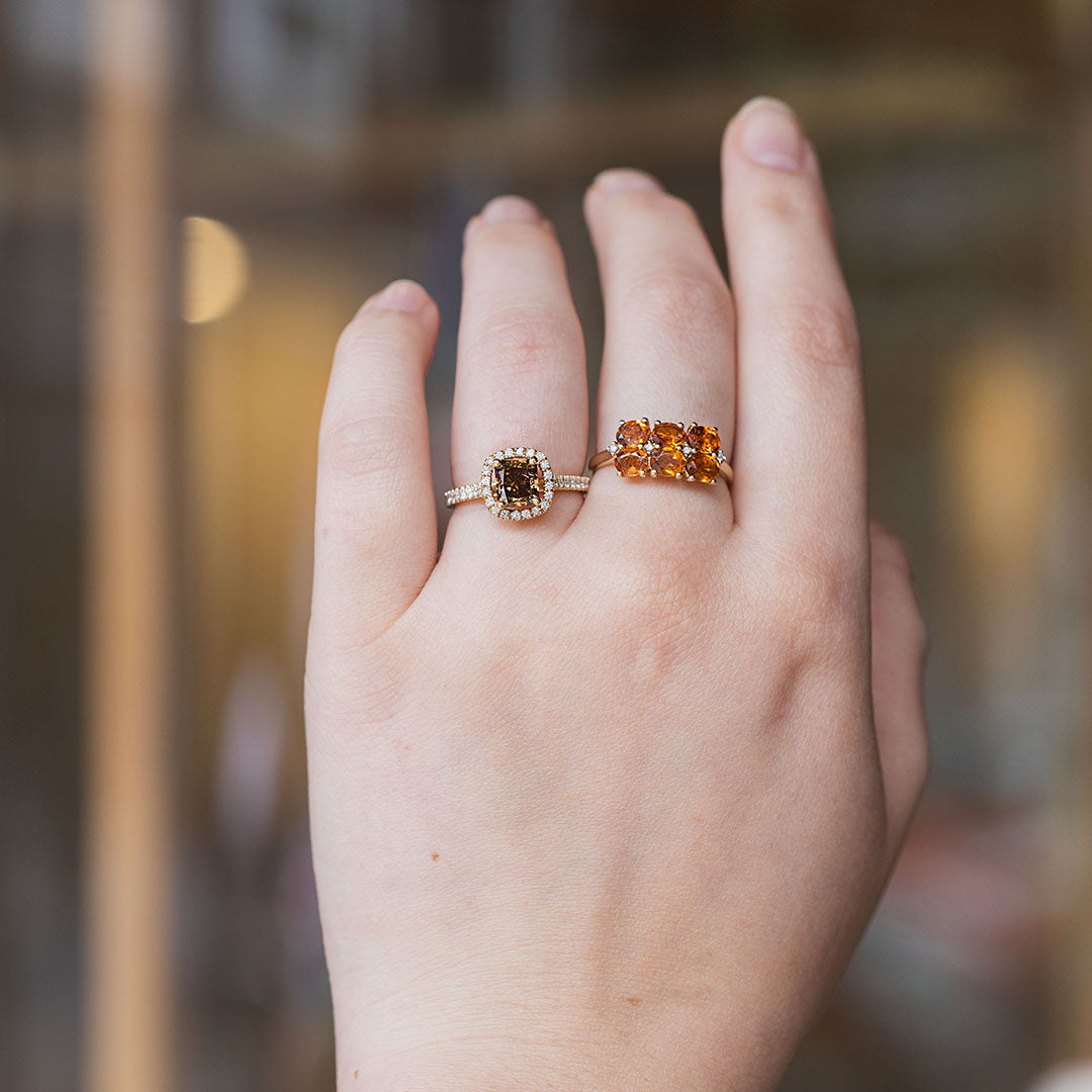 Radiant geslepen bruine diamant ring en Vintage citrien ring in 14 karaat goud