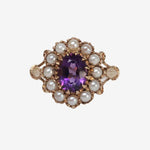 Nia – Vintage 9k Amethyst & Parel Victoriaanse cluster ring, Objet Dore