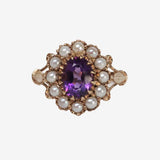 Nia – Vintage 9k Amethyst & Parel Victoriaanse cluster ring, Objet Dore