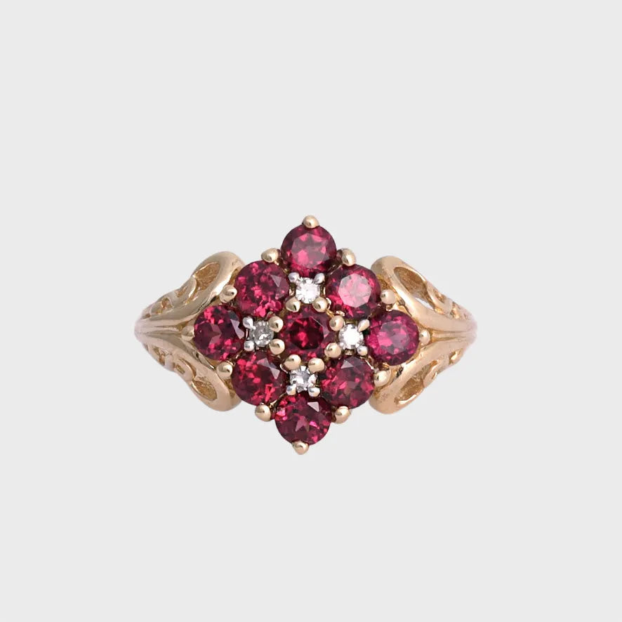 Rose - Vintage Rhodoliet Granaat & Diamant Cluster Ring 9k Geelgoud, Objet Dore