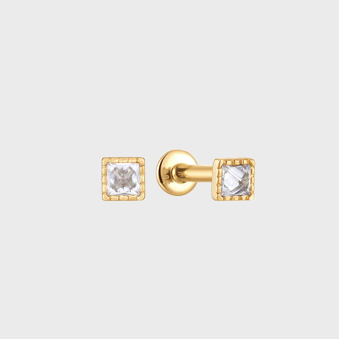 Square Milgrain Diamant Stud Piercing 14k goud, Objet Dore