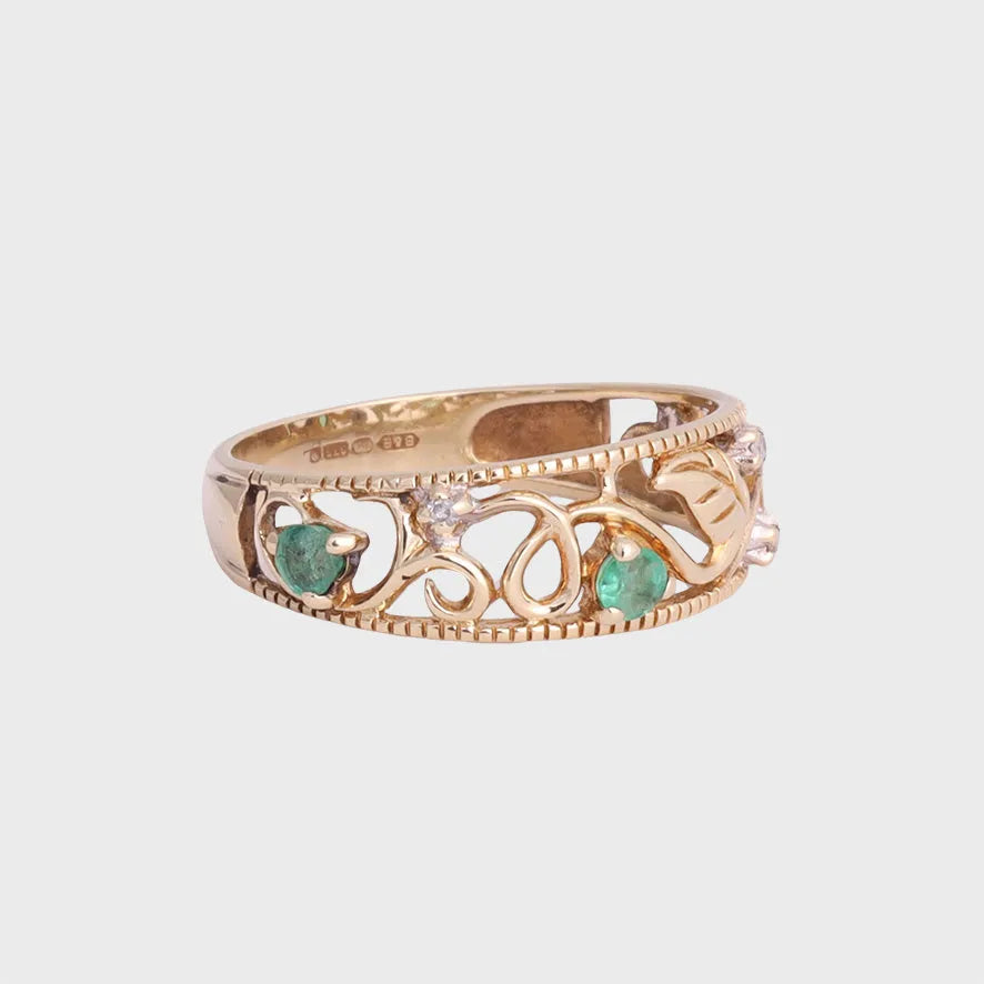 Bobbie - Vintage Smaragd & Diamant Leaves Band Ring 9k goud, Objet Dore