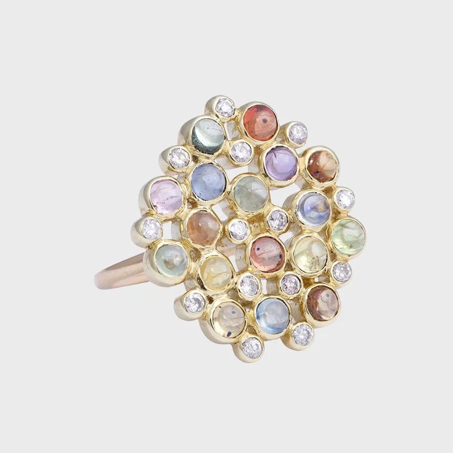 Multicolor Cabochon geslepen Saffier & Diamant Confetti Ring 14k goud, Objet Dore