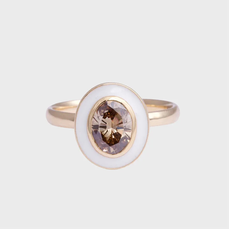 1ct Ovale Bruine Diamant & Emaille Ring, Objet Dore