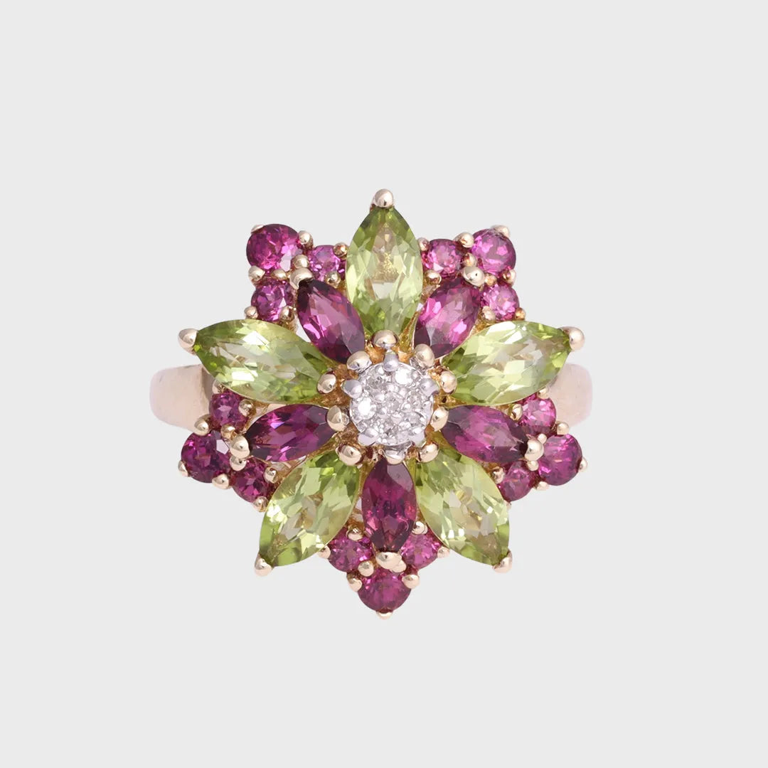 Jessie - Vintage Rhodoliet & Peridot Statement Ring 9k goud, Objet Dore