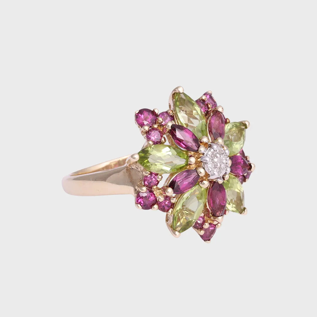 Jessie - Vintage Rhodoliet & Peridot Statement Ring 9k goud, Objet Dore