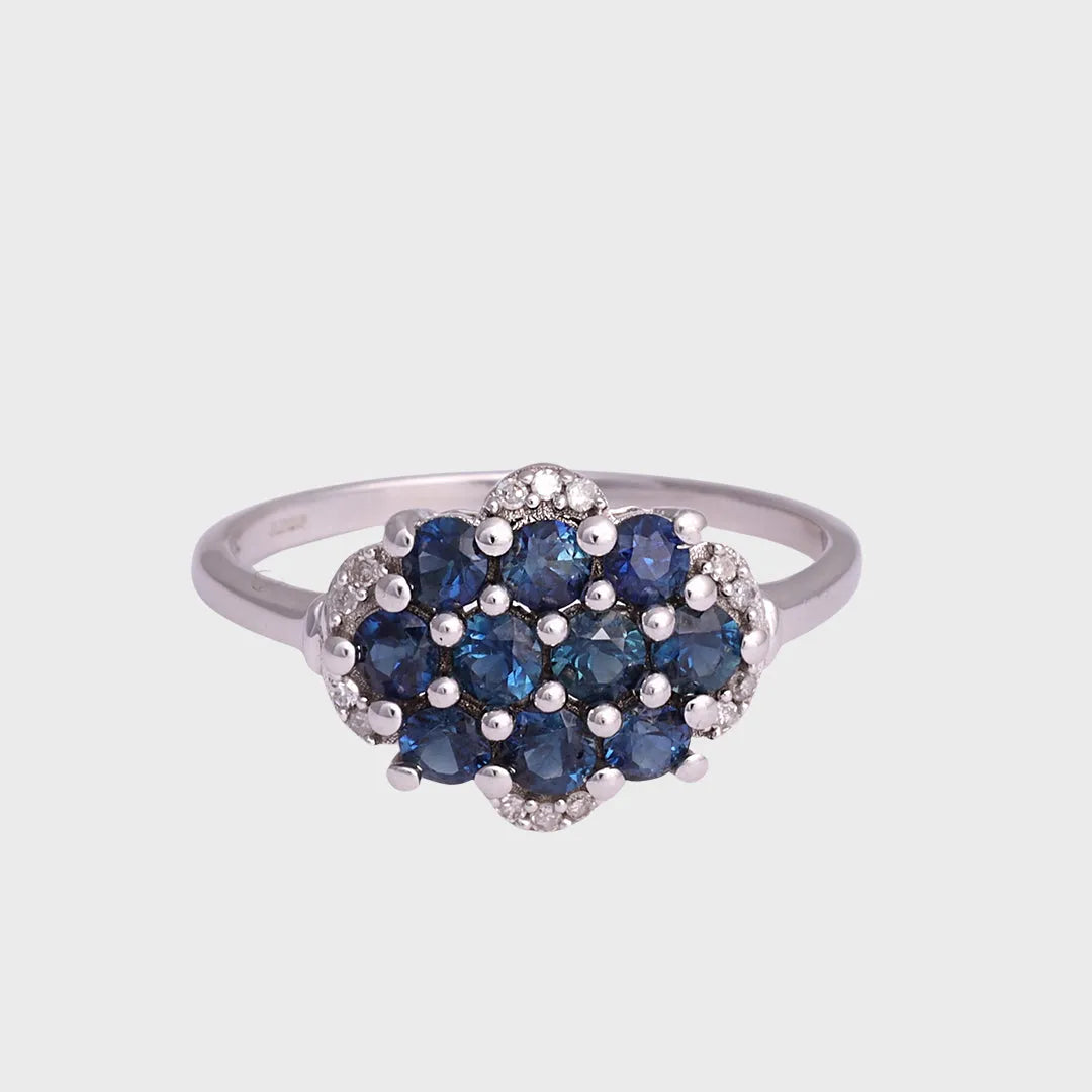 Lyla - Vintage Saffier & Diamant Cluster Ring 9k witgoud, Objet Dore