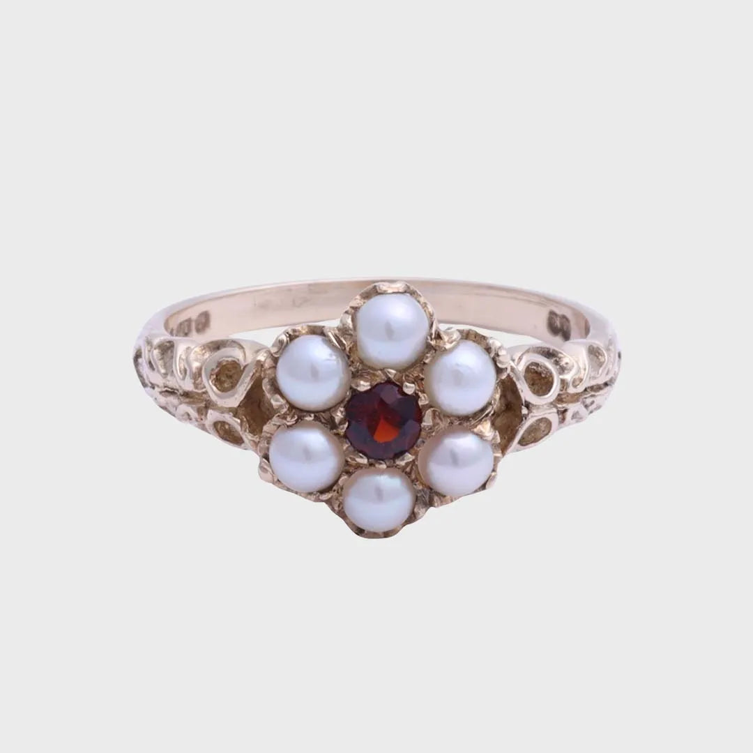 Lola - Vintage Georgian Granaat &  Parel Cluster Ring 9k goud, Objet Dore