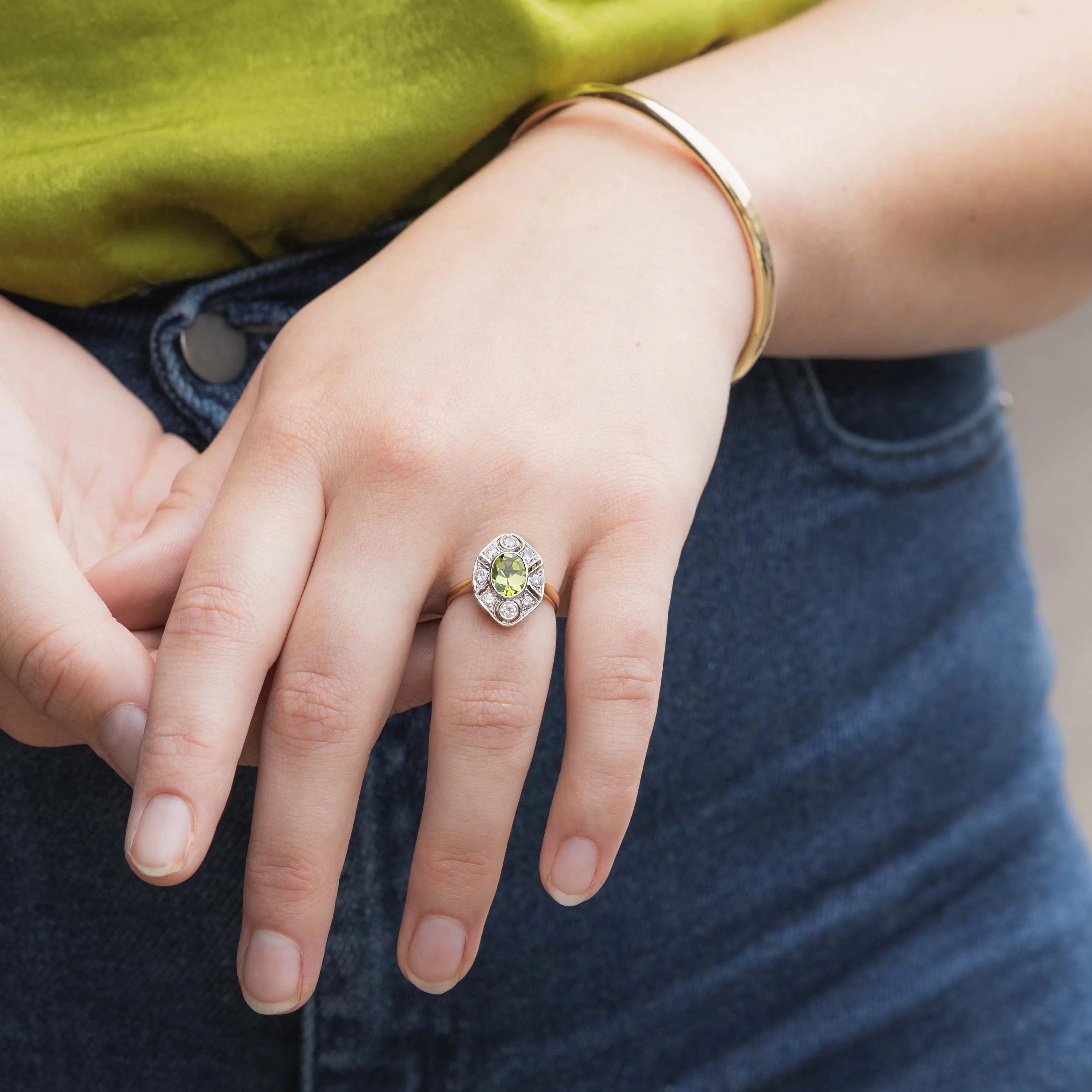 Vintage Art Deco Peridot & Diamant Ring 18k goud & Platinum